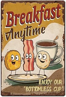 1pc Vintage Metal Tin Signs 8x12 inch Retro Iron Funny Breakfast Sign Rusty Look Breakfast Anytime Coffee Diner Poster for Kitchen Restaurant Home Outdoor Indoor Garden Decorate