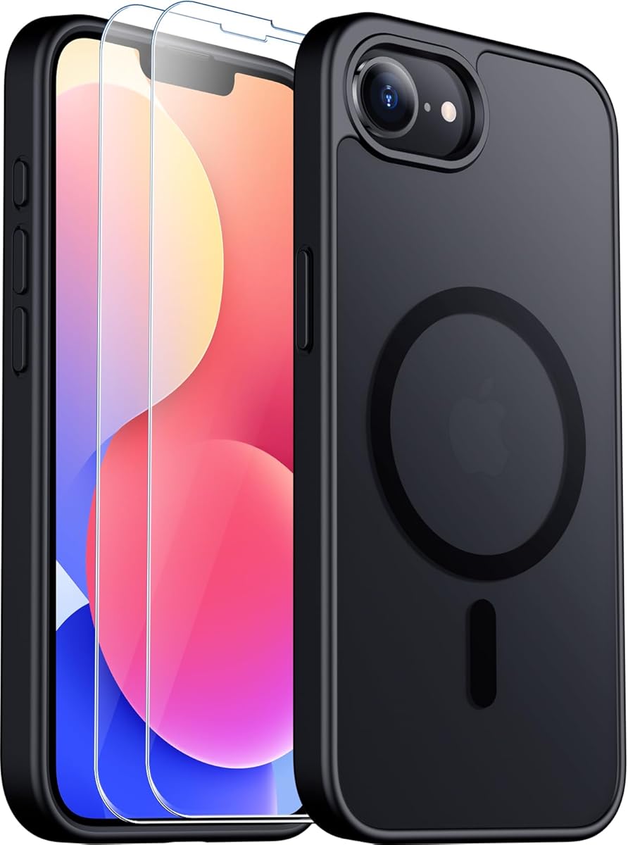 SPIDERCASE Designed for iPhone 16e Case, Magnetic Translucent Matte Case with 2PCS Tempered Glass Screen Protector Anti-Scratch Slim Phone Case for iPhone 16E 6.1'', Black