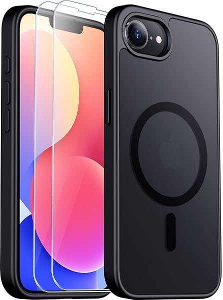 SPIDERCASE Magnetic for iPhone 16e Case, Translucent Matte Case with 2PCS Tempered Glass Screen Protector Anti-Scratch Anti-Fingeprint Slim Phone Case for iPhone 16E 6.1'', Black