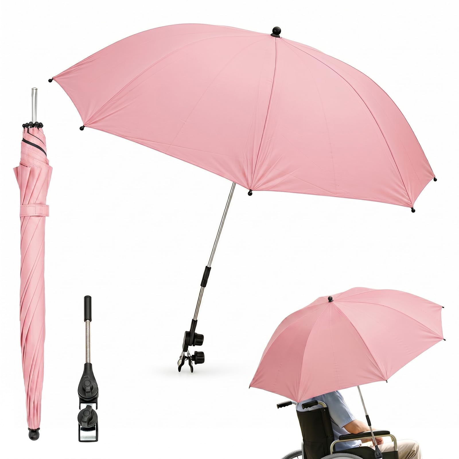 SUNNYNEST Beach Chair Umbrella with Clamp, 102cm Diameter 360° Adjustable Portable Parasol, UPF50+ Waterproof Sun Shade for Beach Chair, Stroller, Wheelchair, Golf Cart & Camping (Pink)