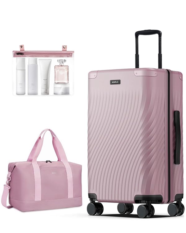 ECOHUB Hardside Expandable Carry On Luggage, Recycled PC 24" Rolling Luggage 22x14x9 Airline Approved with Spinner Wheels & TSA Lock, Lightweight Small Hardshell Travel Suitcase, 24inch Carry-on Pink by ECOHUB - Used condition - CA$117.33