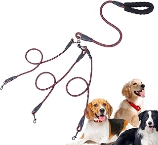 Coleira para três vias, corda tração para estimação, corda tração para três animais estimação com alça acolchoada, dispositivo giratório 360° para caminhar e treinar vários cães Littryee