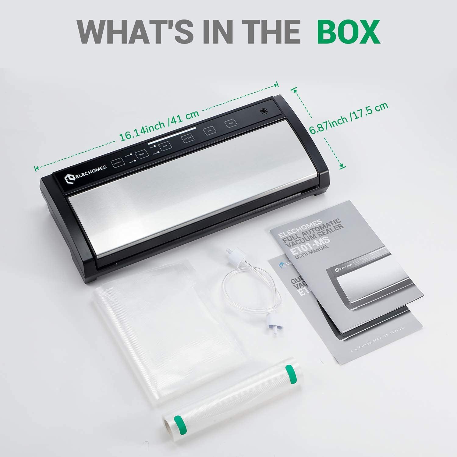 Contents of the Elechomes Auto Vacuum Sealer box, including the sealer, bags, roll, and manual