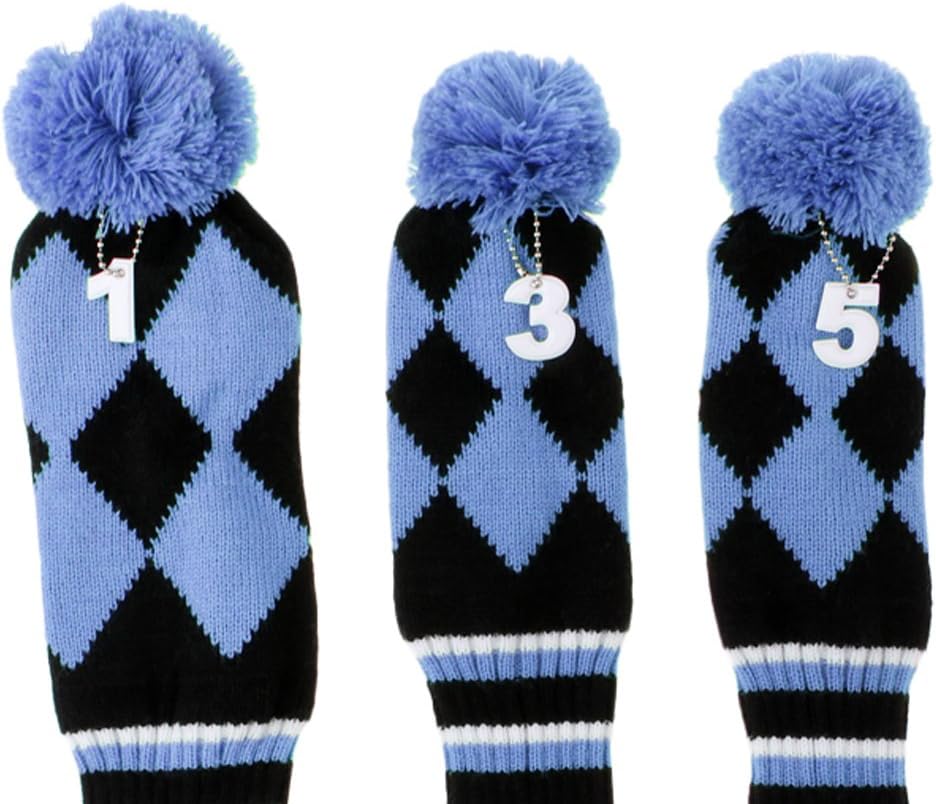 3 Pcs Knitted Pom Pom Sock Covers 1-3-5 Golf Headcover Set For Golf Dirver/Fairway Wood Golf Club Headcovers Amparo Blue One Size