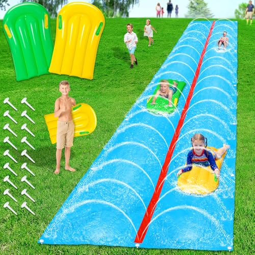 Slip and Slide, 30ft x 6ft Lawn Water Slip n Slide with 2 Inflatable Boards, Double Lane Water Slides with Build in Sprinkler for Big Kids Ages 8-12 and Abults, Outdoor Backyard Waterslide Play Toy