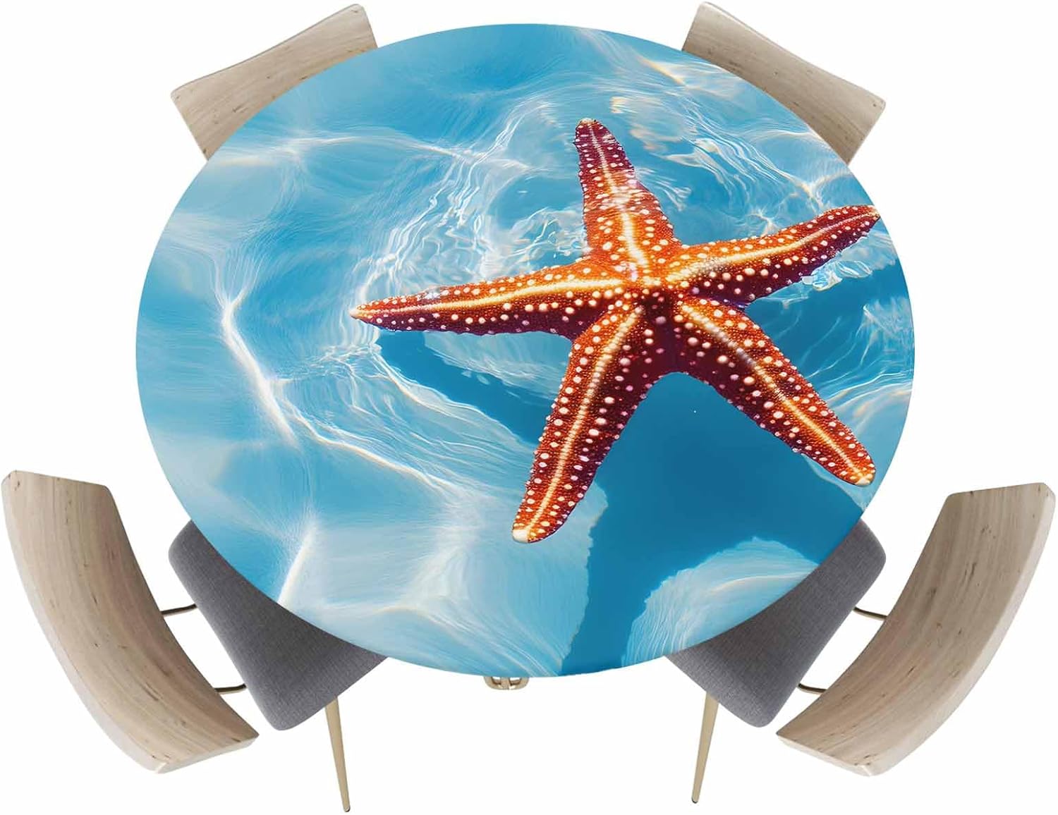 Fitted Tablecloth for Round Table, Retro Orange Starfish Table Cover with Elastic Edge Waterproof Table Cloth, Summer Blue Ocean Water Circle Table Covers for Kitchen Picnic Party
