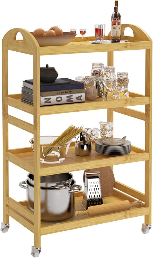 SogesHome 4Tier Bamboo Serving Cart and Rolling Utility Storage Organizer Cart for