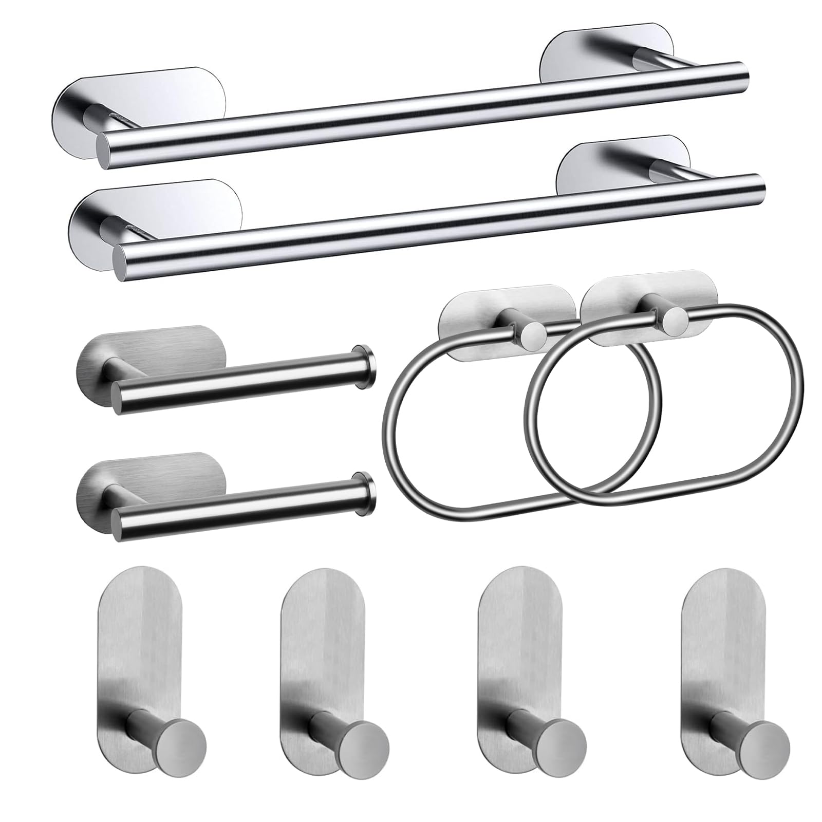 Bathroom Hardware Set, Self Adhesive Bathroom Accessories Set Stainless Steel, Including 16" Towel Bar, Toilet Paper Holder, Towel Ring, Towel Hook (Brushed Nickel-10pcs-16inch)