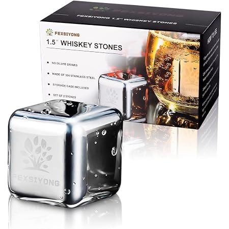 Outset Stainless Steel Ice Cubes – Set Of 2 Reusable Whiskey Stones With Storage Box, 1.57 Inch