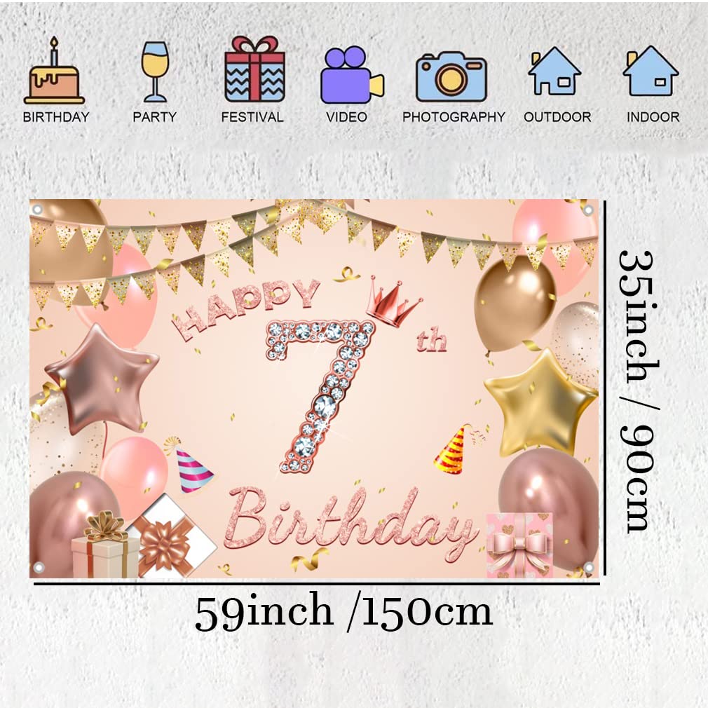 Happy 7th Birthday Decorations For Girls - Pink Backdrop Banner 59x35.4 Inch Party Background