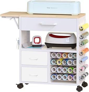 Rolling Craft Storage Cart with Heat Press Cart and Organizers - Compatible with Cricut Machines, Perfect Craft Organization Workstation (White, 27.2 H)