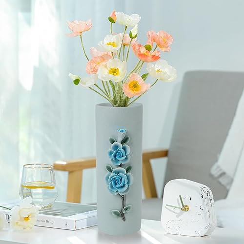 Miniatura 4 de Suanti Jarrón de flores, jarrón azul con tres diseños florales en relieve, adecuado para decoración de sala de estar, exhibición de mesa y mesa de