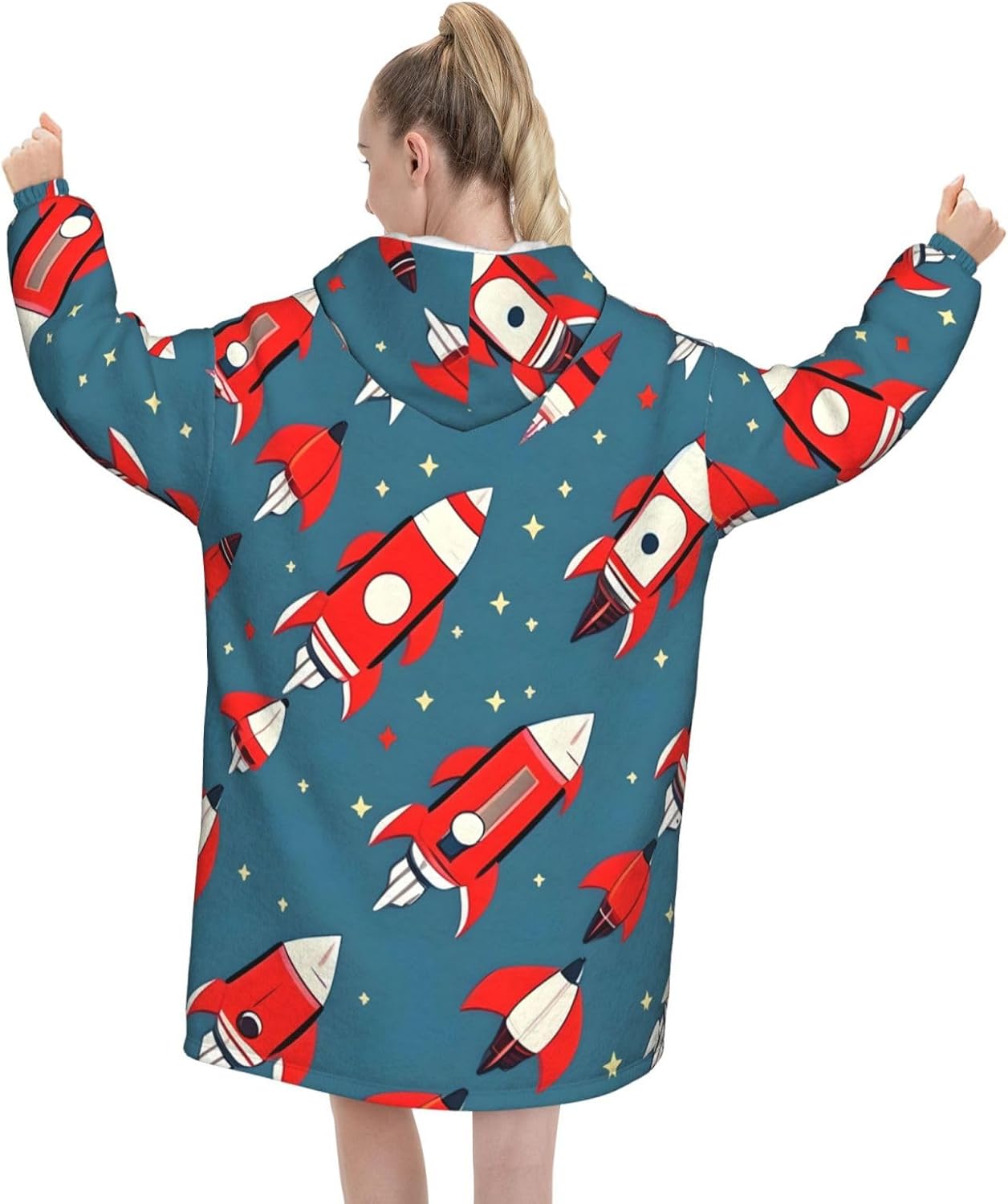 Cartoon Rockets Print Adults Cozy Oversized Soft Blanket Hoodie Winter Gift Christmas And Holiday