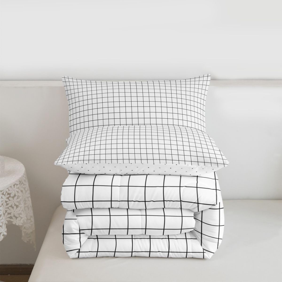 Feelyou White Grid Comforter Set All Season Buffalo Plaid Checkered Bedding Set with 2 Pillow Cases White Lines Microfiber Kids Queen Bedclothes Bedroom Decor Duvet Quilt Breathable Soft Lightweight
