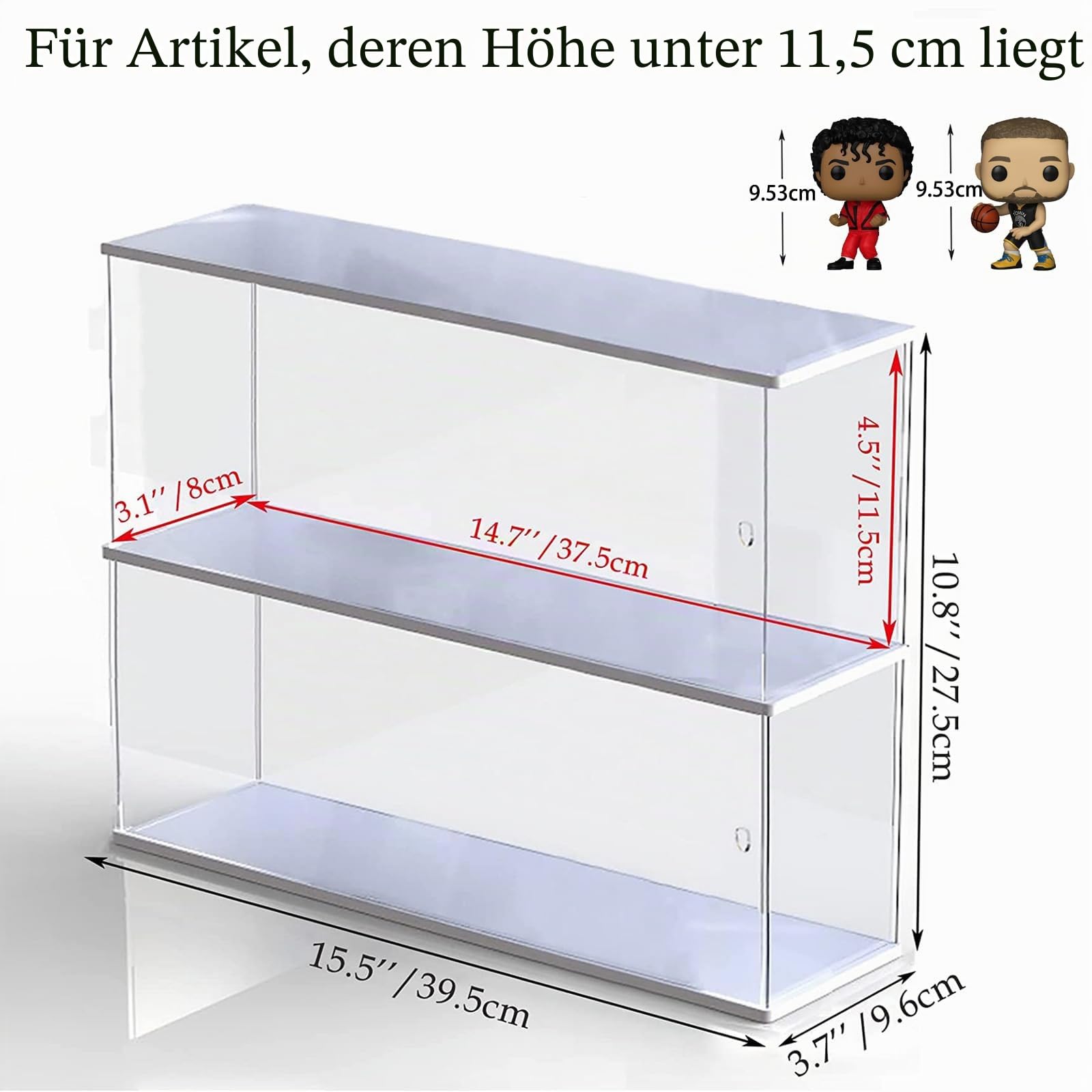 Acryl Vitrine Schaukasten für Funko Pop 11.5cm Figur, Transparente Acrylbox Präsentationsbox für LEGO Minifiguren Popmart Sammlerstücke für Playmobil DFB WM Sammel Actionfiguren, Weiß 39.5x9.6x27.5cm