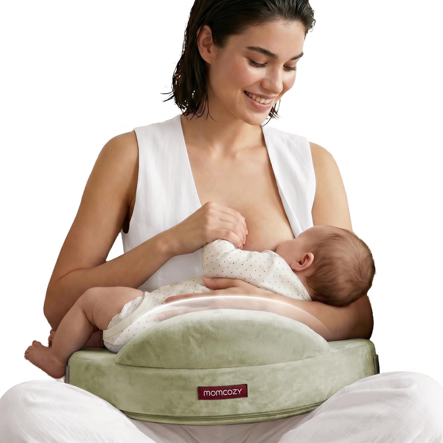 momcozy Cuscino Allattamento Sponde Sicurezza Memory Foam Verde Salvia | Imbottitura in Memory Foam Sicuro con Fodera Lavabile, Ideale per l'Allattamento Comodo e Stabile del Bebè