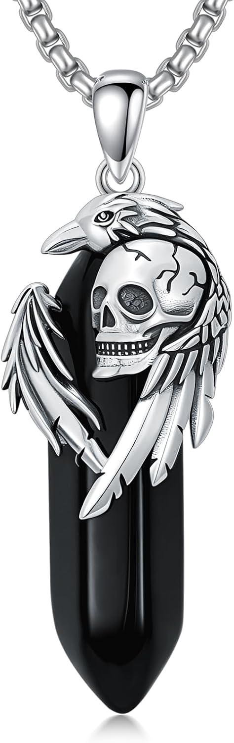 Obsidian Raven Necklace 925 Sterling Sliver Crow Pendant Gothic Jewelry for Men Women