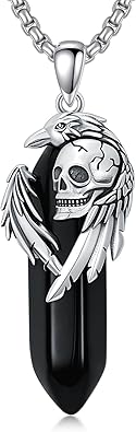 Obsidian Raven Necklace 925 Sterling Sliver Crow Pendant Gothic Jewelry for Men Women