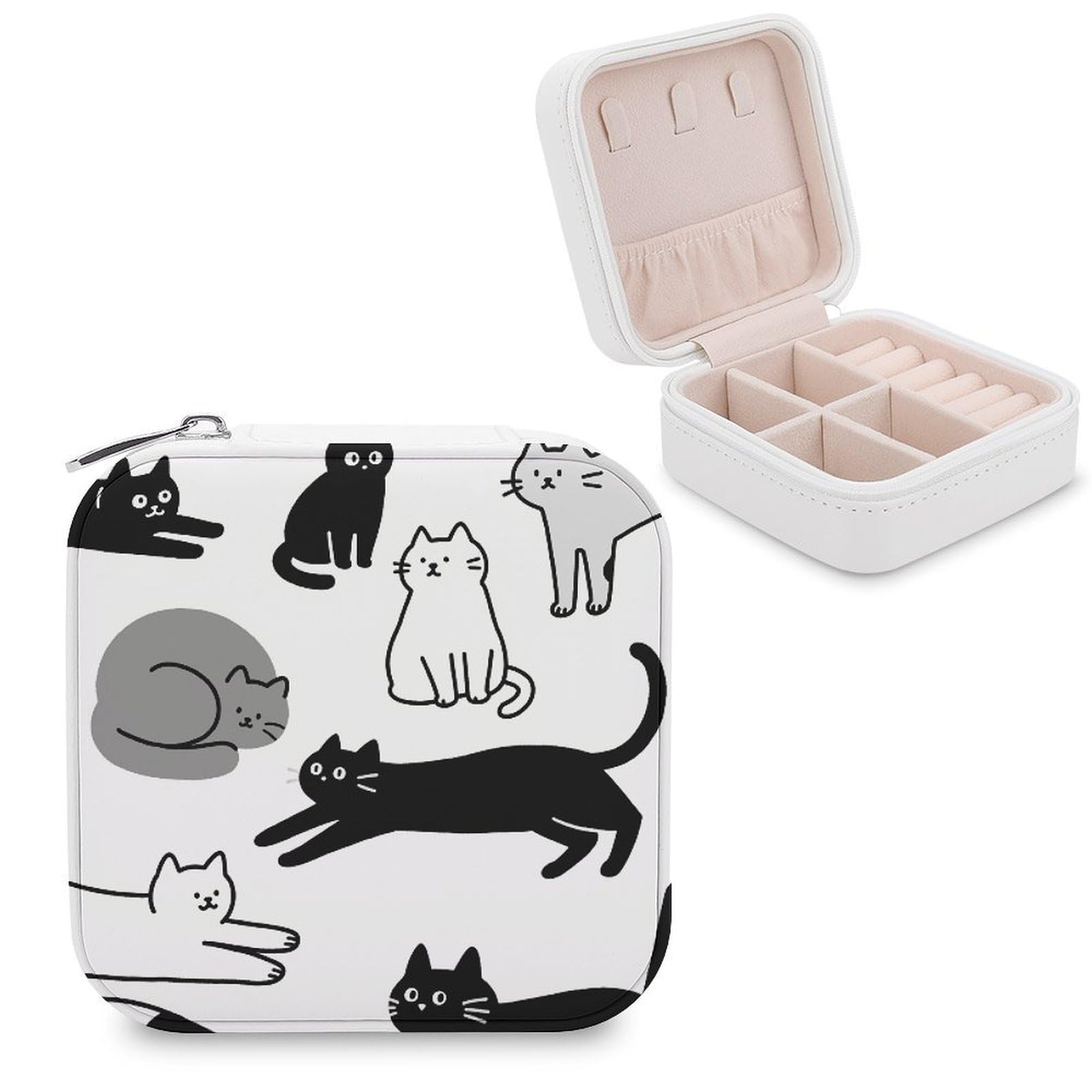 VstaDank Cat Jewelry Box for Women Jewelry Organizer Storage Case with Zipper Mini Travel Jewelry Case Cute Trinket Organizer Leather Portable Jewelry Storage Box