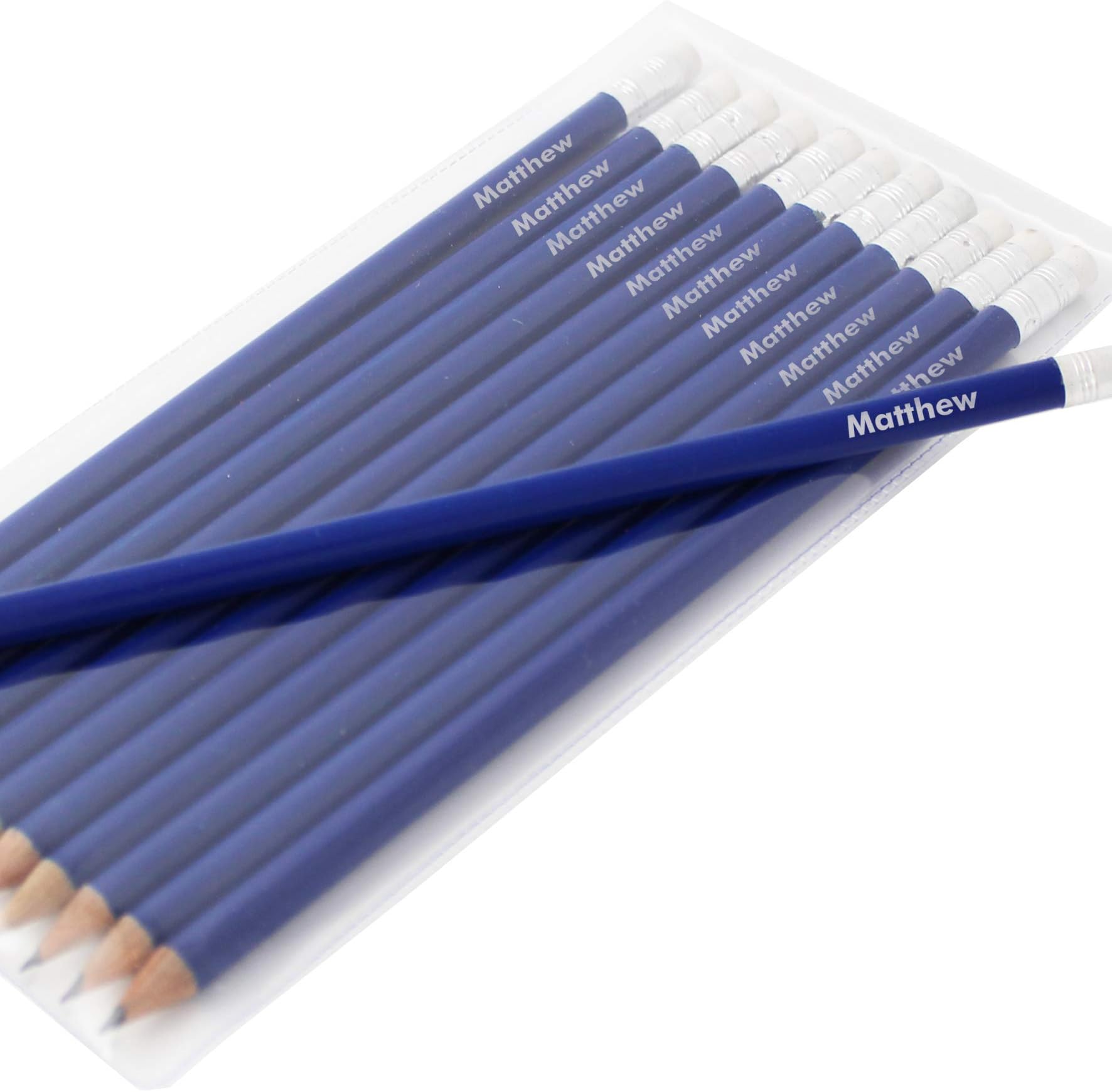 Gift Cookie Custom Personalised 12 HB Blue Pencils and rubber in wallet, White Name, Back to School, Birthdays, Christmas.