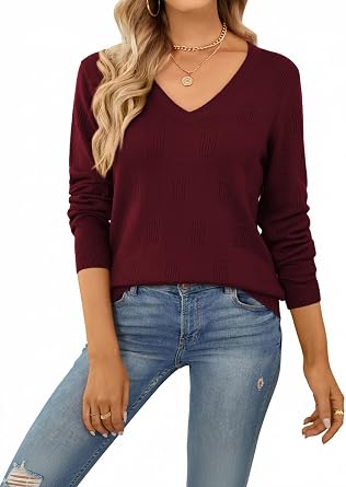 QUALFORT Womens Lightweight V Neck Knit Sweaters Soft Long Sleeve Tops for Fall Winter 2026