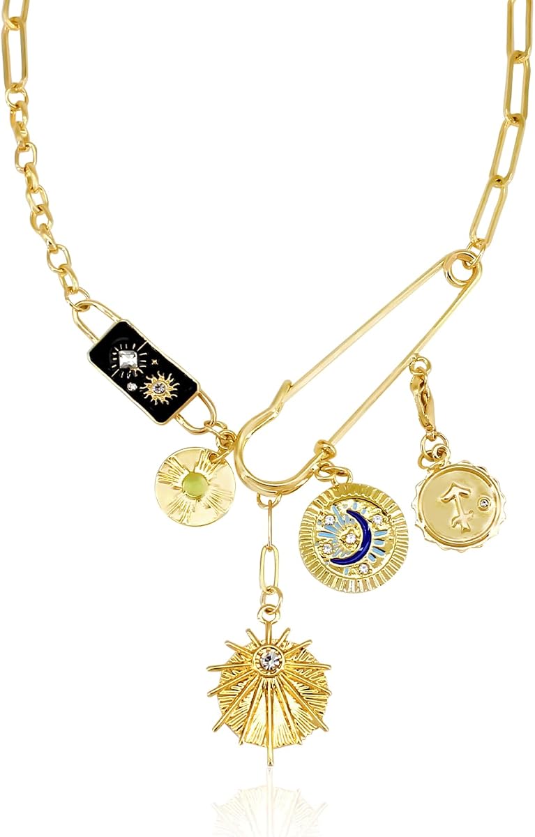 Gold Charm Necklace for Women, Detachable Women's Evil Eye Paperclip Charm Necklace, Gold Coin Necklace