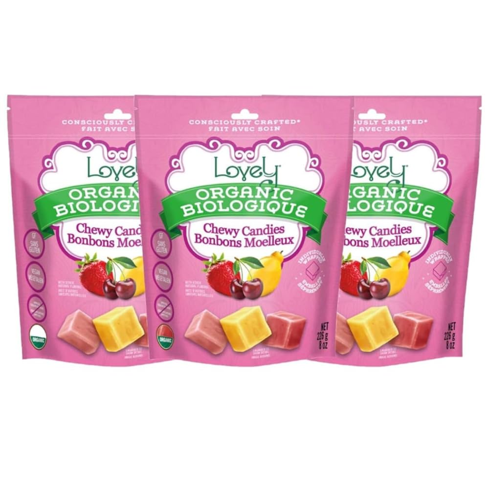 Lovely Candy Co. Organic Chewy Candies 8oz Bag (3-pack) | Natural Strawberry, Lemon & Cherry Flavors | Vegan, Gluten Free, Non-GMO, No Artificial Ingredients, Individually Wrapped