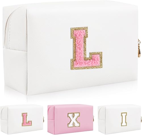 Miniatura 1 de Bolsa de maquillaje personalizada con parche de letra inicial, bolsa de cosméticos con cremallera, Letra blancarosa