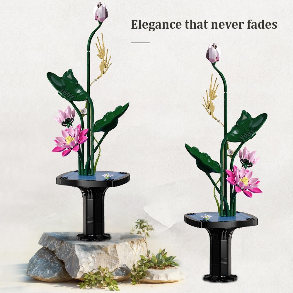 Two identical CaDA C59024W botanical flower arrangements displayed on a stone pedestal, with text 'Elegance that never fades'.