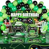 Tatuo 152 Pieces Video Game Birthday Party Supplies Gamer Party Table Cover Happy Birthday Backdrop Banner Tableware Balloons Sets for Boys Men Theme Party Decoration