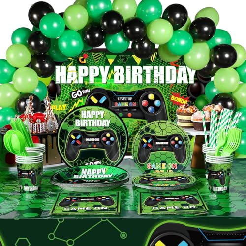Tatuo 152 Pieces Video Game Birthday Party Supplies Gamer Party Table Cover Happy Birthday Backdrop Banner Tableware Balloons Sets for Boys Men Theme Party Decoration