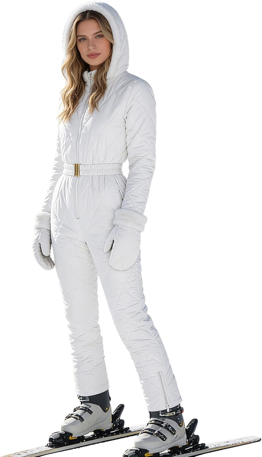 Women Winter Outdoor Sports Waterproof Snowsuit Long Sleeves Fleece Hooded Padded Jumpsuit White Medium
