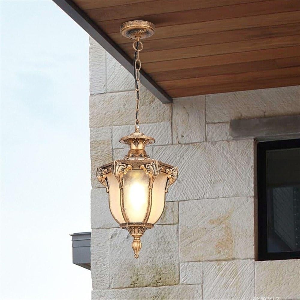 Bloohk One Color Vintage Outdoor Hanging Lantern, Waterproof Antique Gold Exterior Pendant Light Traditional Victorian Chandelier For Porch, Patio, Gazebo, Entryway(18 * 31Cm)