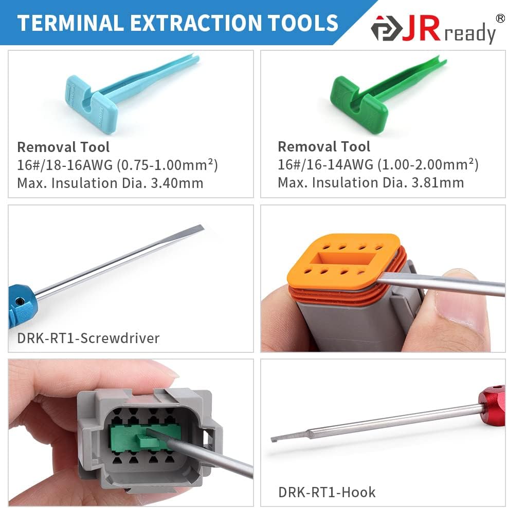 JRready ST6308 Deutsch Connector Kit, Waterproof DT Connector 2 3 4 6 8 12 Pin, Size 16 Solid Contacts, DT2 Crimper Equivalent to Deutsch Crimp Tool HDT-48-00, 12-22AWG, 417PCS