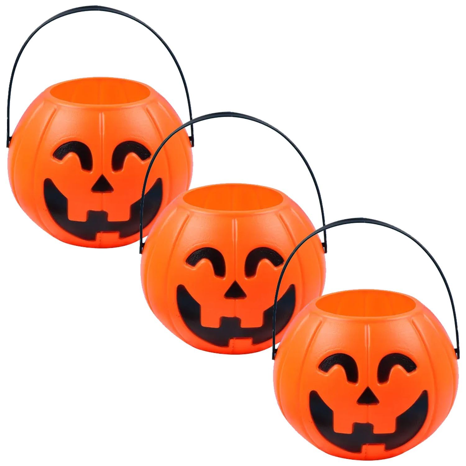 Halloween Accessories Candy Buckets Orange Pumpkin Shape Pack of 3 Pcs Plastic Bucket Party Decoration and Party Favor for Boys and Girls (A)