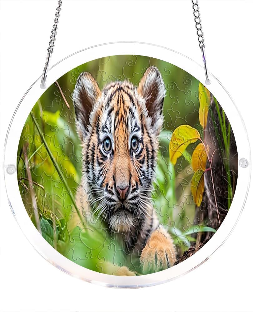 Tiger Cub in Forest Wildlife Acrylic Jigsaw Puzzles Suncatcher, 7.4 Inch Window Hanging Suncatcher Acrylic Puzzle, DIY Home Decor Art Gift