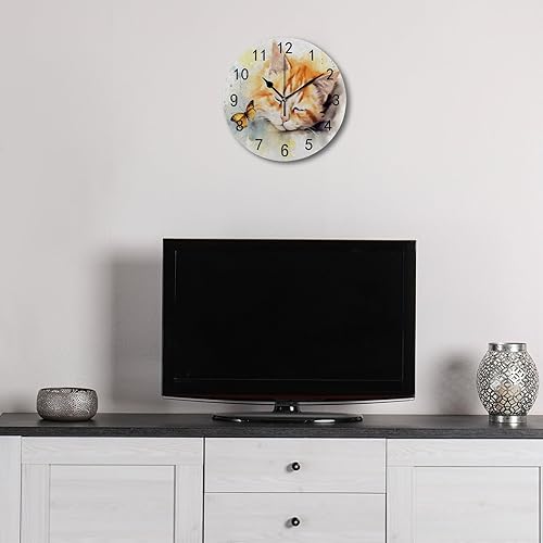 Miniatura 4 de Reloj de pared para decoración de sala de estar, bonito gato, mariposa de PVC, 9.8 pulgadas, para colgar, redondo, silencioso, sin tictac, funciona