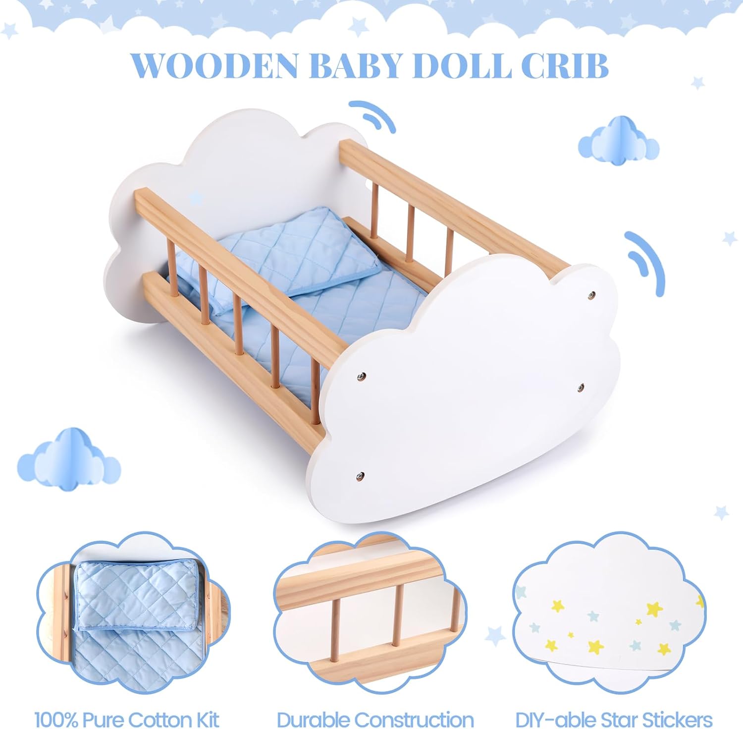 BABESIDE Baby Doll Crib – Wooden Rocking Baby Doll Bed with Mattress, Pillow & DIY Star Stickers, Reborn Baby Doll Accessories for 12–16 Inch Dolls, for Girls Ages 3+