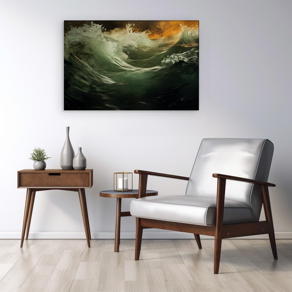 Canvas for Living Room. Surging Energy: The Wave in Motion Against a Sunset Glow, 27 x 18 inch Canvas Wall Art - Surrealistic Visions - Modern Home Decor