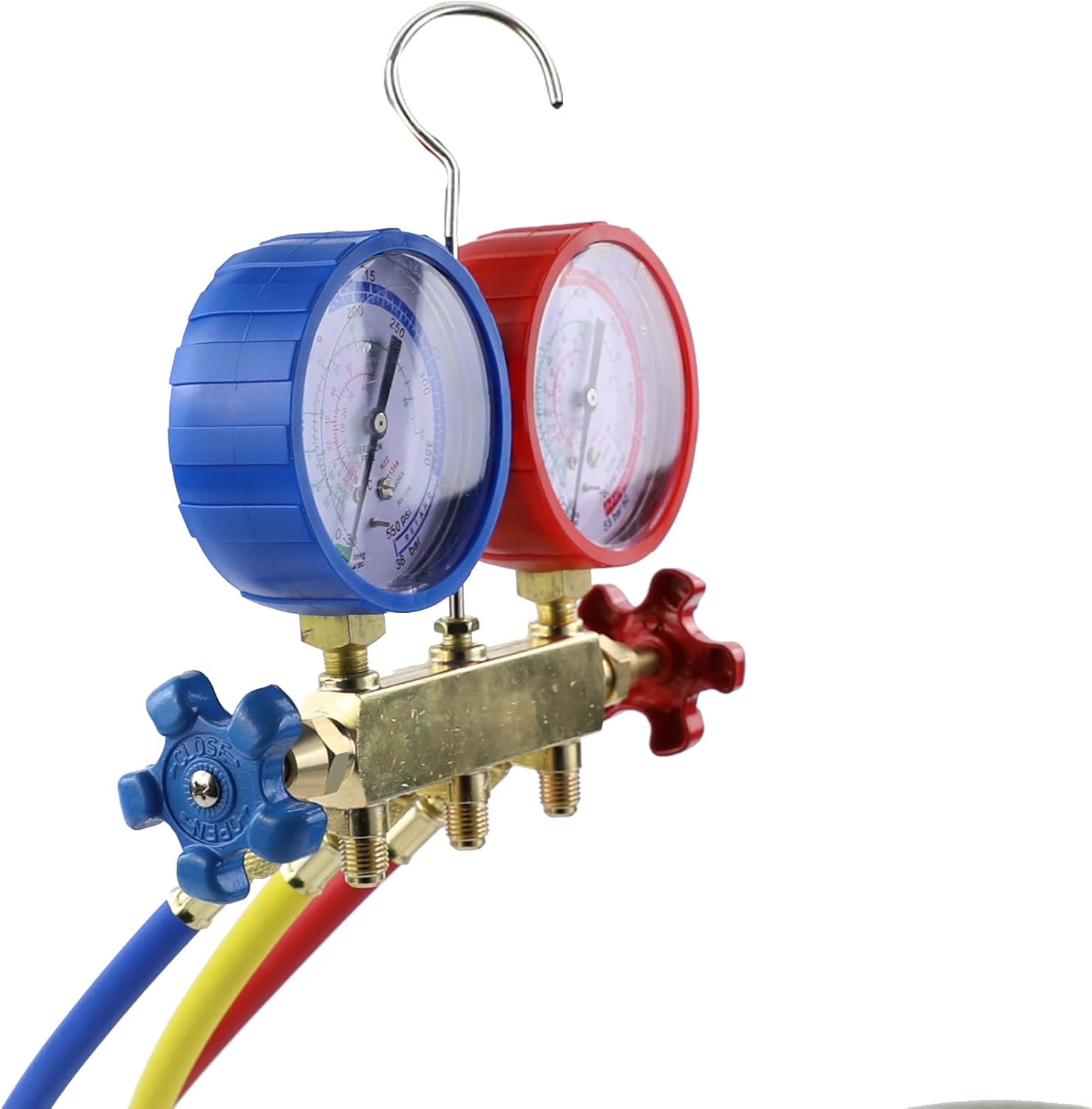 2 Valve Piston Type Brass AC Manifold Gauge Set,80MM (3-1/8) Guages for R410, R22, R134a, R404A, with 60” Hose Set