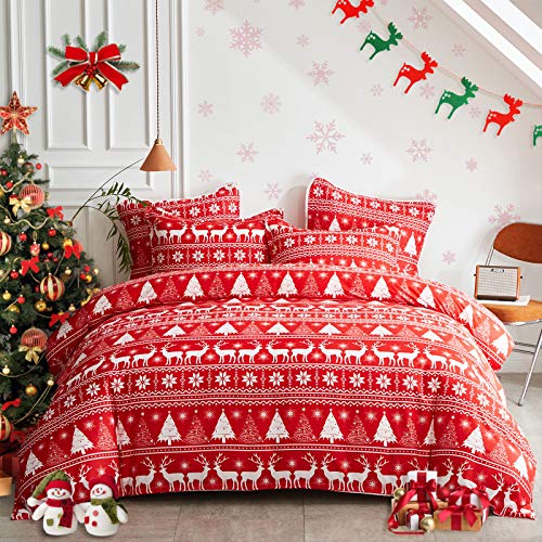 Joyreap 3-teiliges Bettdecken-Set mit weihnachtlichem Motiv, rote und weiße Rentier, Schneeflocke und Baummuster, weiche Mikrofaser-Steppdecke für alle Jahreszeiten, King-Size-Bett, 254 x 223,5 cm Cover