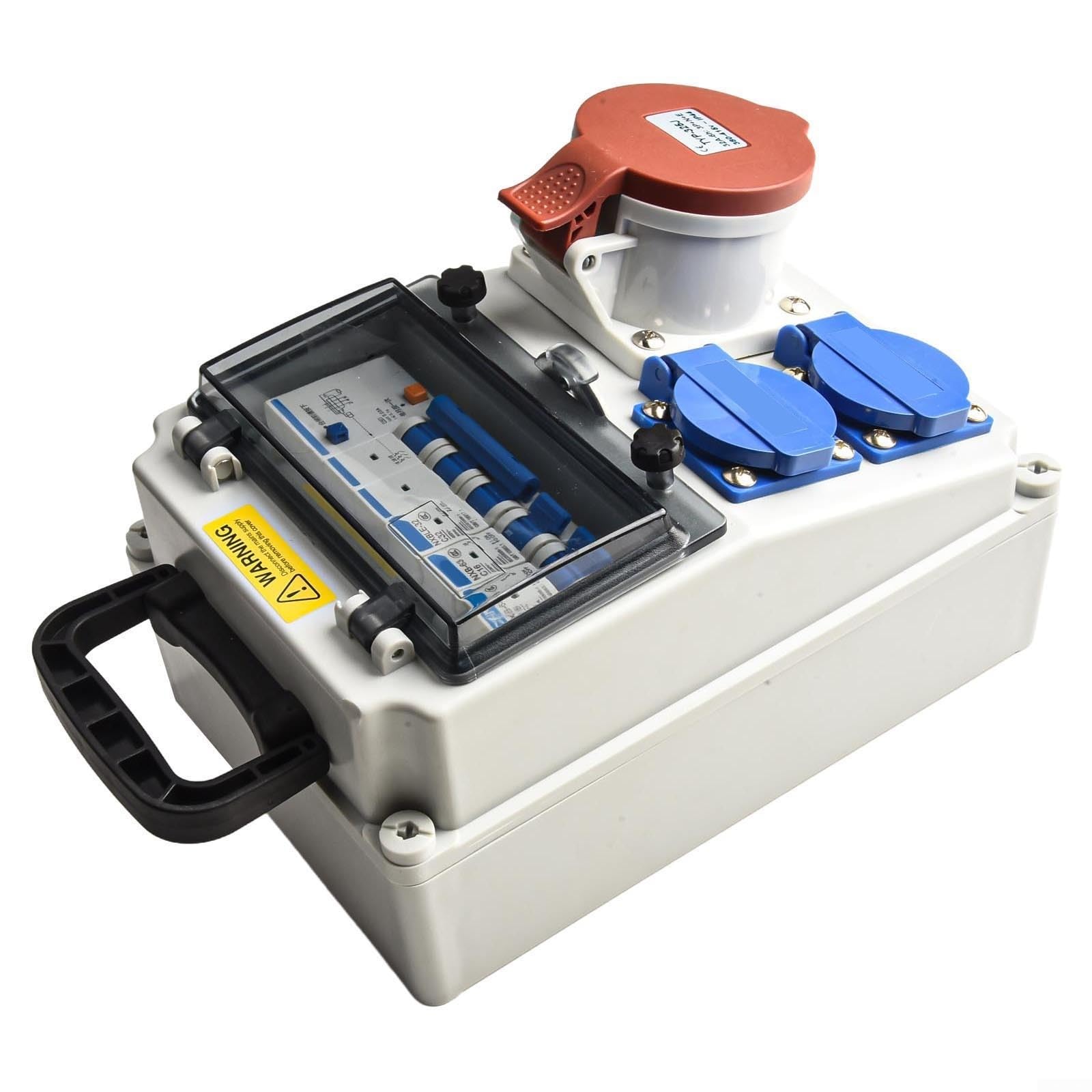 Distribuidor de corriente para construcción IP65, montaje en pared con interruptor de protección FI, 2 x para Schuko 10 A y 1 x para CEE 400 V 32 A, distribuidor exterior impermeable de ABS + PC para