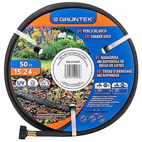 GRÜNTEK Porous Soaker Hose 50ft: Soaker Hose Tubing for Drip Irrigation, Use in Vegetable Garden, Planters, and Borders, 50-Foot, Black, 1/2", Drip Rate: 1.32gl-1.64gl/min Cover