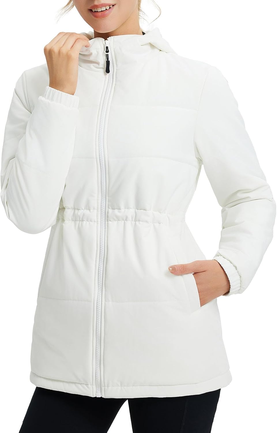 baleaf Women's Winter Coat Long Puffer Jacket Quilted Jackets with Hood Warm Running Insulated Hiking Snow Star White 2XL