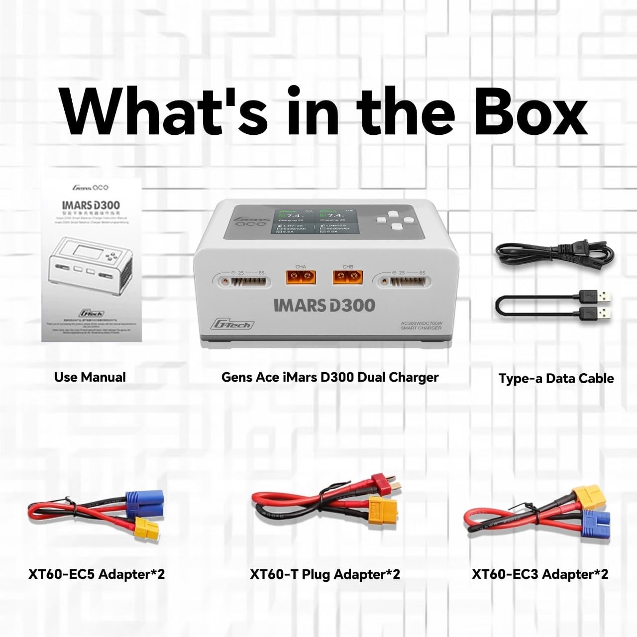 Gens Ace iMars D300 charger and included accessories