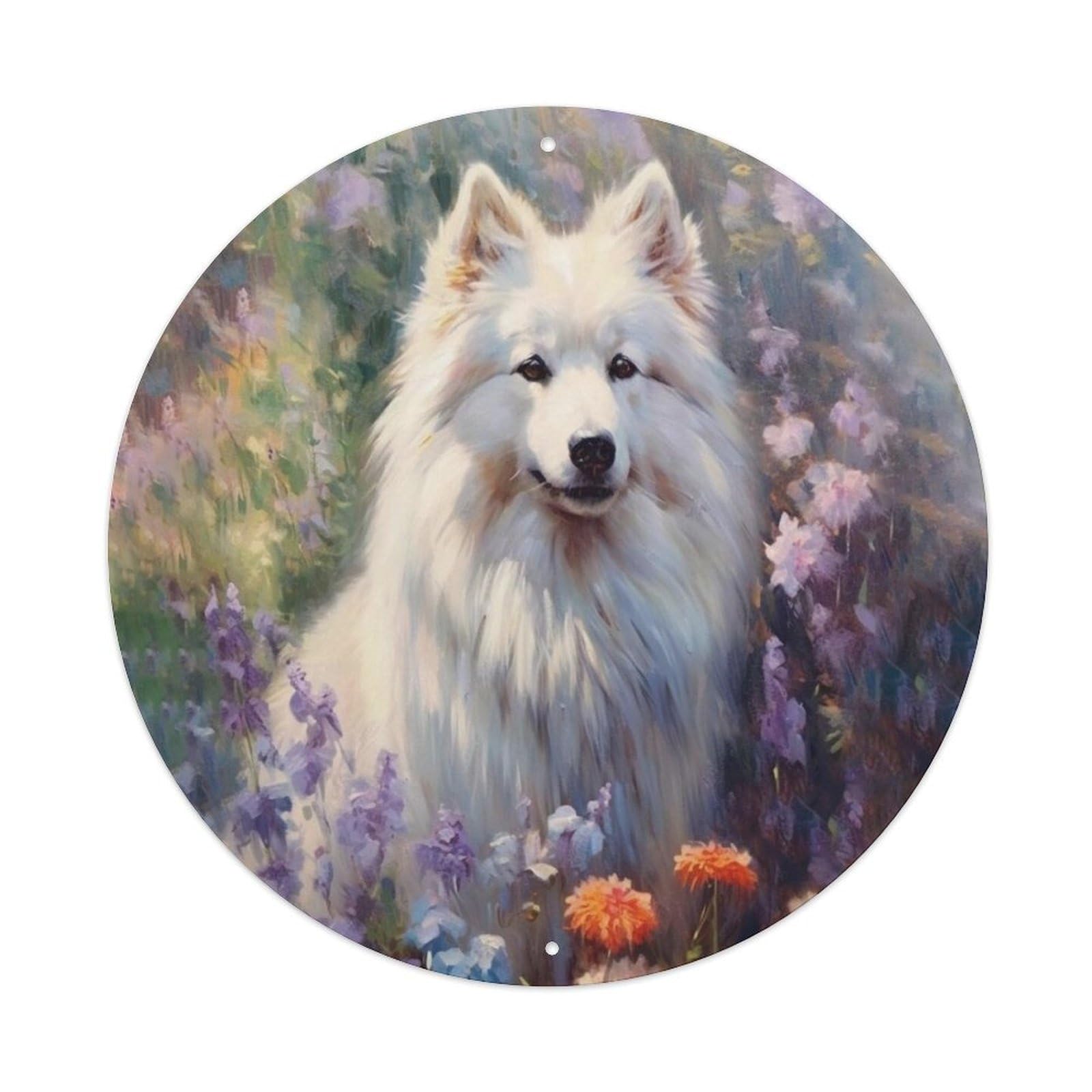 Samoyed Dog Flower Meadow Pet Illustration Metal Tin Sign
