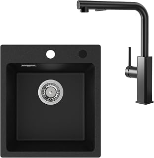 CECIPA Granite Kitchen Sink, Black 40x45cm with Extendable Kitchen Faucet, Built-in Sink Set with 2 Tap Holes, Rectangular Sink with Faucet, Complete Set for Modern Kitchen