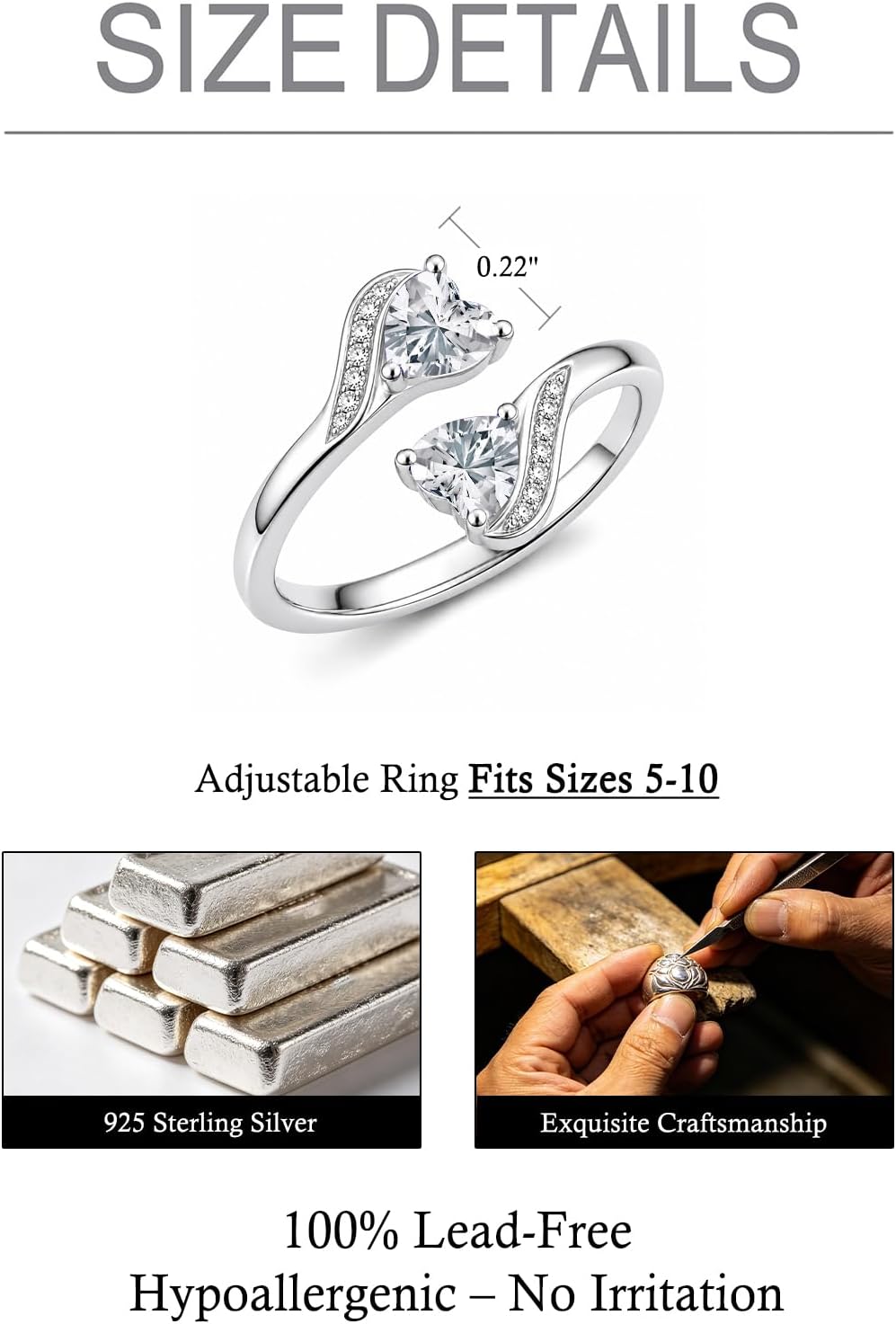 OCJ 925 Sterling Silver Birthstone Rings for Women – Adjustable Open Heart Ring with 12-Month Love Statement Promise Ring, Birthday Gift Jewelry for Her