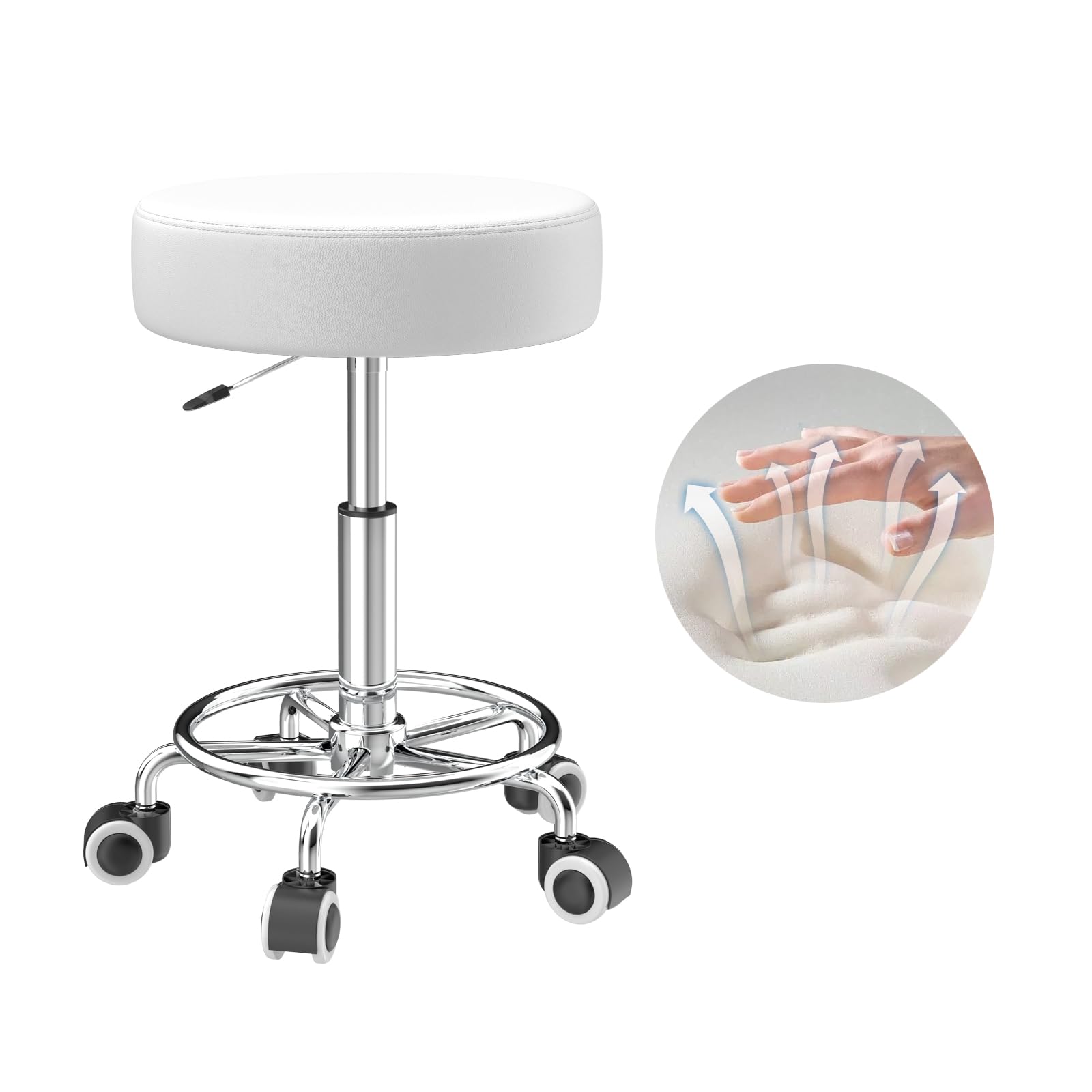 Produktbild von Heavy Duty Bürohocker Mit Rädern - Höhenverstellbar, Drehbar, 10cm PU-Leder Sitz, Bis 180kg