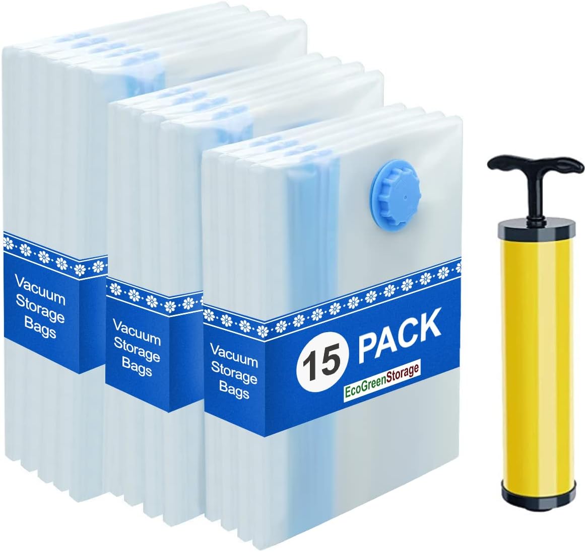 Jumbo Vacuum Space Saver Storage Bags. [Bonus] Free Travel Vacuum Hand Pump. Jumbo Size, Excellent for Long Term Storage or Saving Extra Space While Traveling., Plastic, Space Bags, 15 Bags